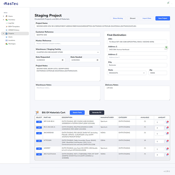 MasTec staging and inventory control system